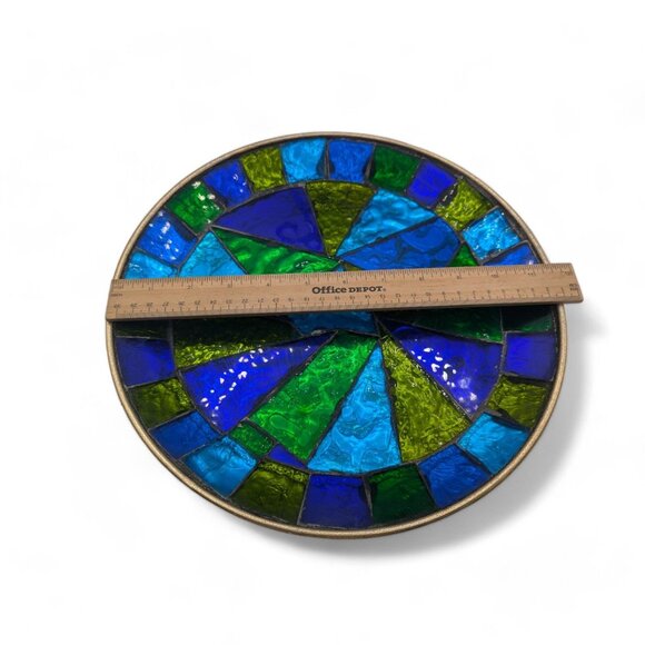 Vtg MCM SIGNED Jon Matin 12" Round Stained Foil Glass Tray/Platter Plate 1950's - Picture 5 of 12